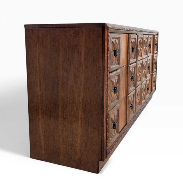 1970s Brutalist Lowboy Dresser With Sculptural Geometric Facade For Sale - Image 11 of 18