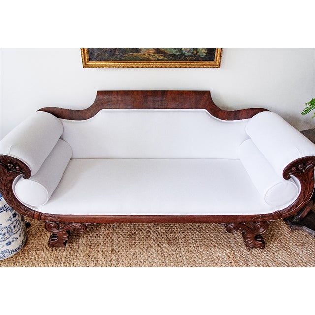 Antique Carved Mahogany Sofa With Crisp White Upholstery For Sale - Image 4 of 5