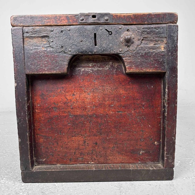 Beautiful wooden Zenibako offering box with metal fittings from the Meiji period, Japan. Dimensions: height 33.5 cm, width...