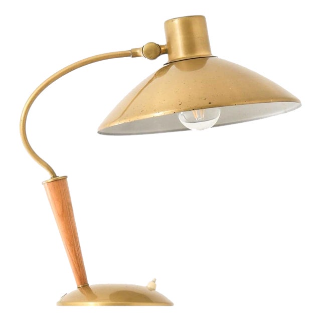 Scandinavian Modern Table Lamp in Brass and Wood, 1940s For Sale