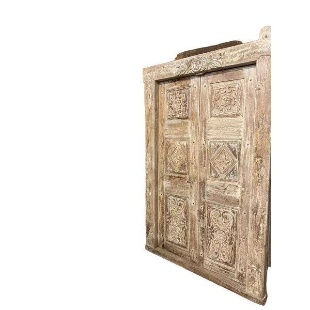 Mid-Century Modern Antique Indian Om Carved Double Door | Whitewashed Vintage Exterior Statement Doors For Sale - Image 3 of 5