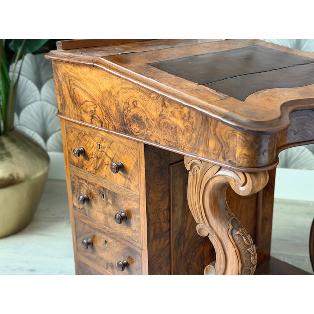 Antique Victorian Burl Walnut Wood and Leather Davenport Writing Table Secretary Desk For Sale - Image 13 of 18