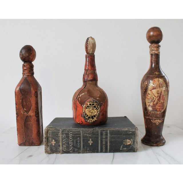 Cabin Vintage Leather Wrapped Decanters S/3 For Sale - Image 3 of 16
