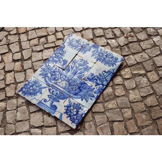 Baroque Tile Mural Panel Depicting a Vase With Rocaille Flowers, Portuguese, 18th Century For Sale - Image 3 of 16