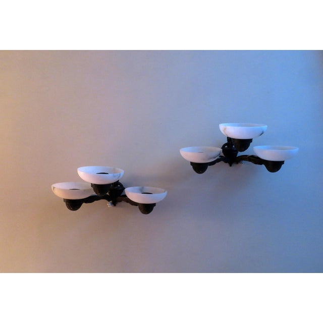 Antique Bronze and Alabaster 3-Arm Wall Lights 1910s, Set of 2 For Sale - Image 10 of 10