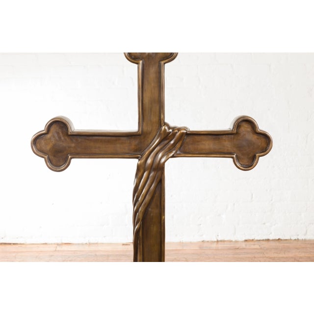 Early 21st Century Contemporary Bronze Religious Cross with Trifold Extremities and Rocky Base For Sale - Image 5 of 12