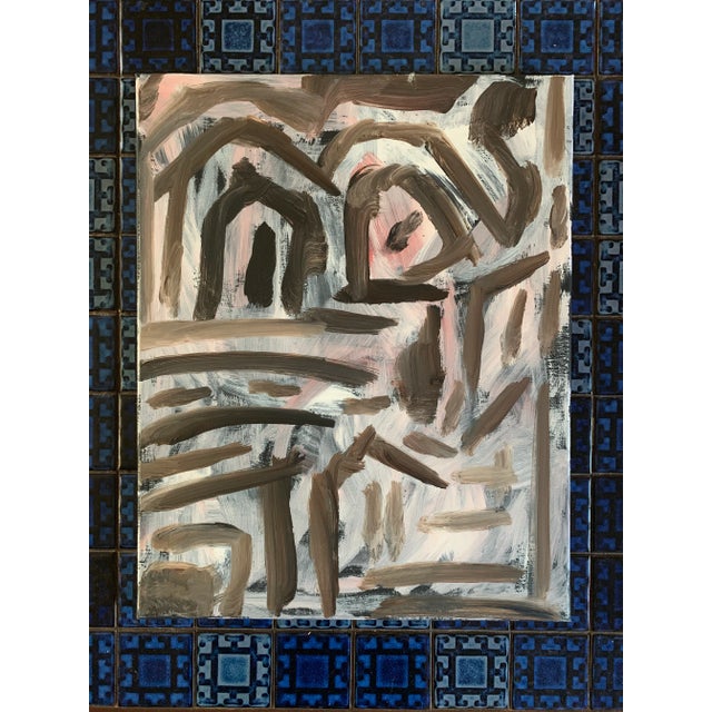 Contemporary modern abstract acrylic painting on canvas. The main colors are black and white but has some subtle pinks and...