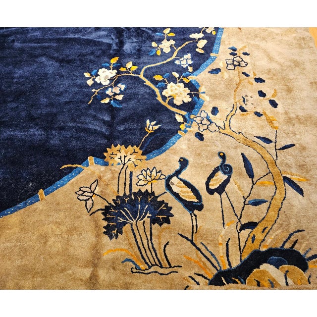Antique Art Deco Chinese Oversized Rug, Handwoven Wool, Cranes & Butterflies Design, Navy & Tan, 14' X 19' For Sale - Image 15 of 17