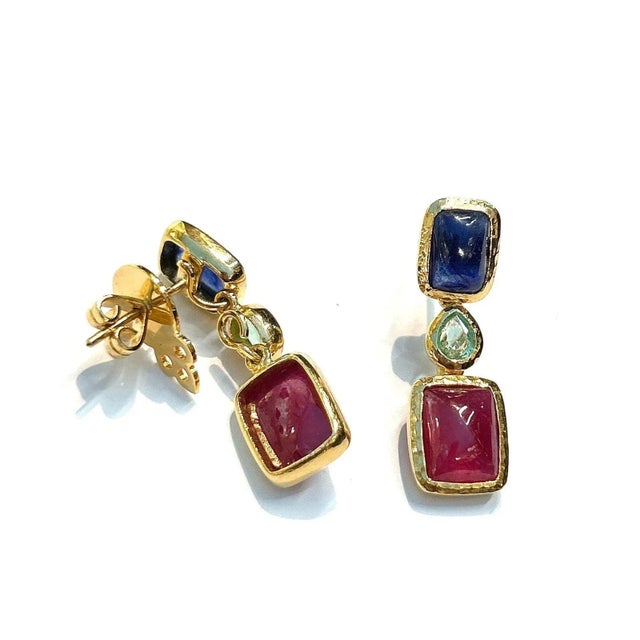 Bochic “Orient” Emerald, Blue Sapphire & Red Ruby Earrings Set 18K Gold&Silver Natural Green Emerald - 1.00 carat Natural...