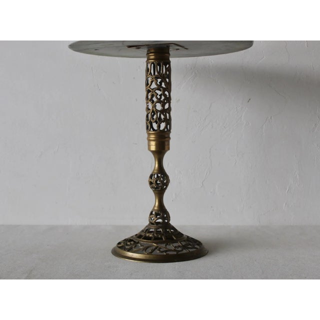 1970s Pierced Reticulated Brass Pedestal Marble Top Drinks Side Table For Sale - Image 11 of 12