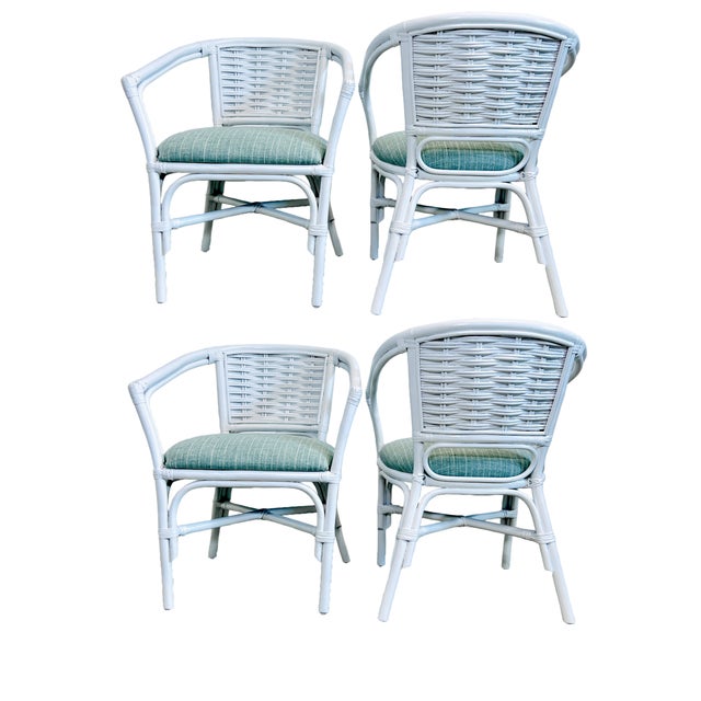 Late 20th Century 4 Woven Bamboo Arm Chairs in Kravet Fabric For Sale - Image 5 of 10