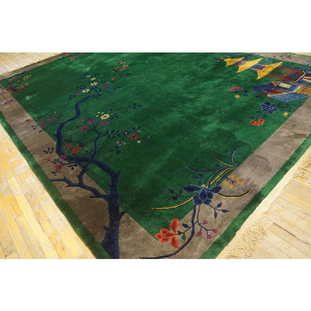 1920s Outstanding Green Open Field Wiht Gray Border in a Floral Pattern Antique Chinese Art Deco Rug For Sale - Image 5 of 11