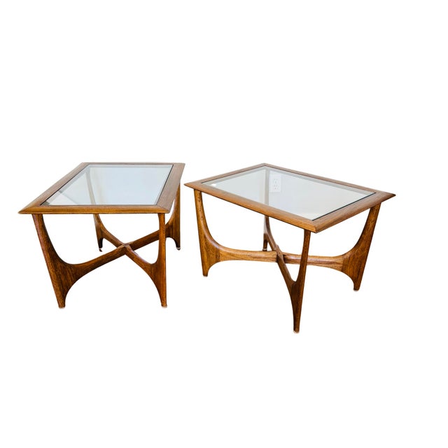 1960s Vintage Lane Silhouette Mid-Century Modern Walnut Side Tables, Pair – Sculptural X-Stretcher Base With Inset Glass Tops For Sale - Image 5 of 12