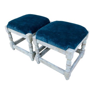 Vintage Blue Footstools, Reupholstered - a Pair For Sale