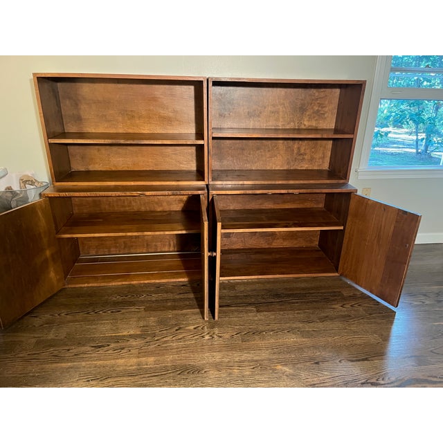 Modern Walnut Cabinets Stackable Bases With Doors Tops With Shelves For Sale - Image 4 of 4