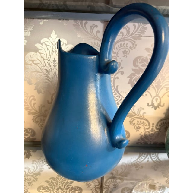 Vintage Farmhouse Portuguese Glazed Terracotta Ewer Blue Pitcher For Sale In Portland, OR - Image 6 of 9