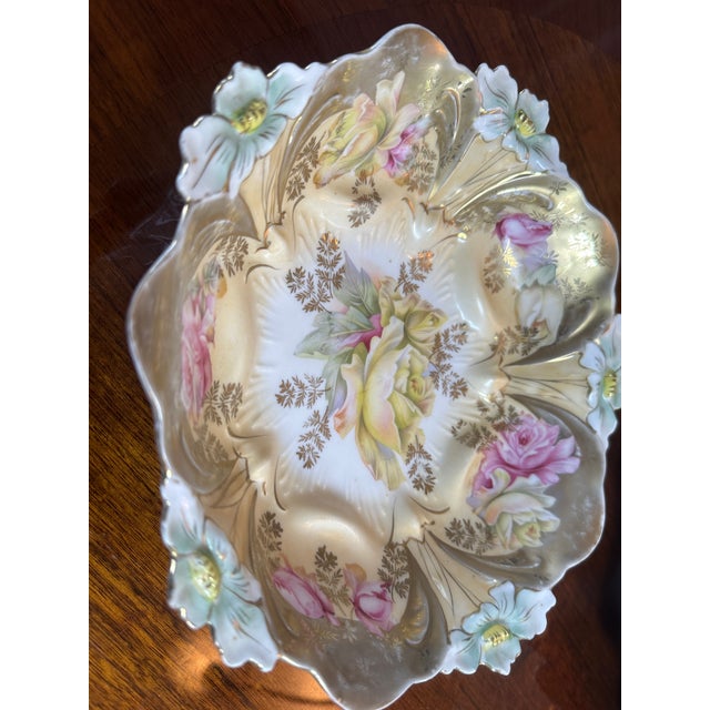 Antique Porcelain Molded Floral Bowl Heavy Gold Gilt Ornate C1910 Orchids Roses For Sale - Image 10 of 17