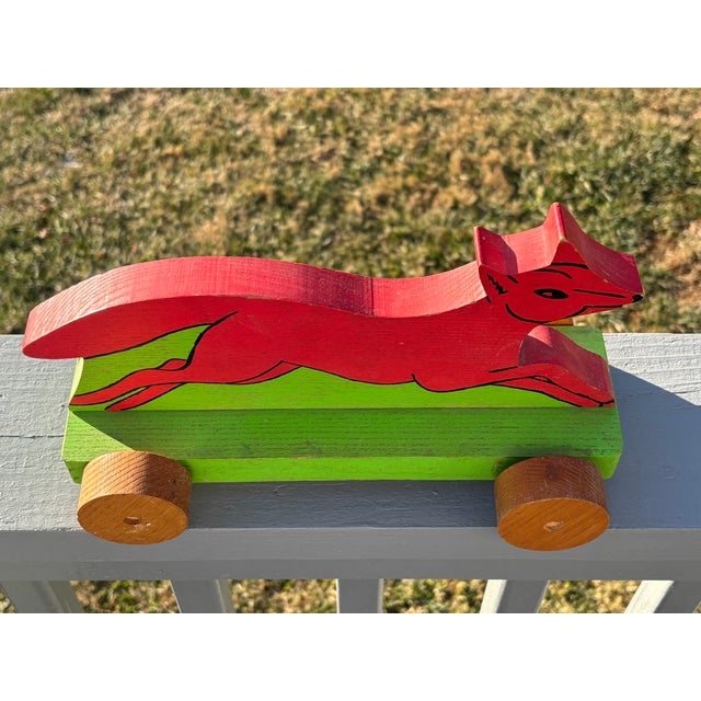 Red Early 20th C. Artisan Hand-Carved + Painted Wooden Red Fox Wheeled Toy For Sale - Image 8 of 11
