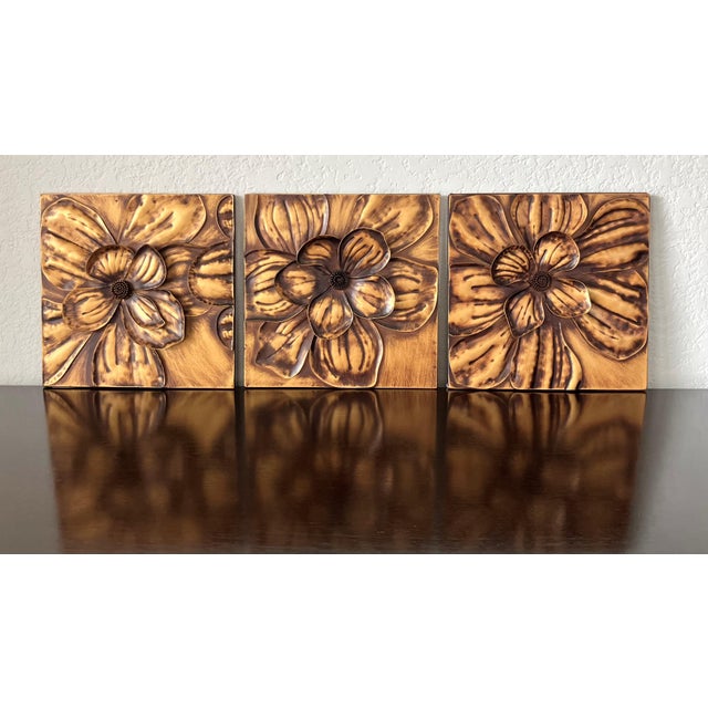 Excellent Pre-Owned Condition. Marvelously whimsical wall art plaques in distressed copper-colored metal with applied...