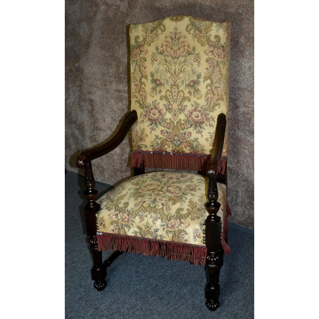 Jacobean Antique Carved Oak Armchair 1920s Tudor Style High Back Fringe Stretcher Base For Sale - Image 3 of 13