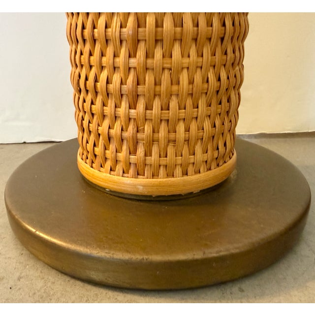 Wood Tall Midcentury Modern Wicker & Brass Table Lamp From 70's For Sale - Image 7 of 7