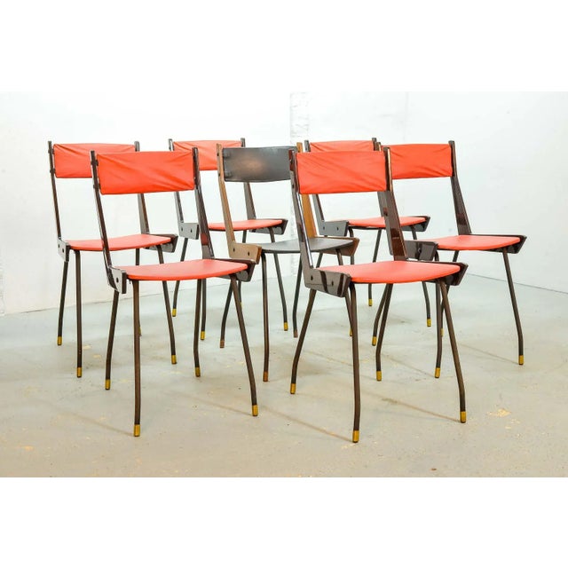 Mid-Century Modern Italian Red Leatherette Dining Chairs by Gianfranco Frattini for R&B, 1950s, Set of 6 For Sale - Image 3 of 18