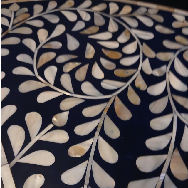 1960s Mid Century Blue Lacquer Table With Inlaid Mother of Pearl Design and Solid Brass Legs For Sale - Image 5 of 11