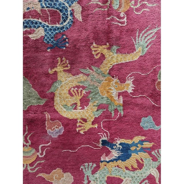 Chinese - Art Deco Knotted Antique Rectangle 1920s Room Size Wool Coral Rug, Circa Date: 1920s. This exceptional piece...