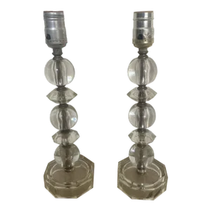Vintage Art Deco Midcentury Stacked Blown Glass and Crystal Table Lamps Set of 2.