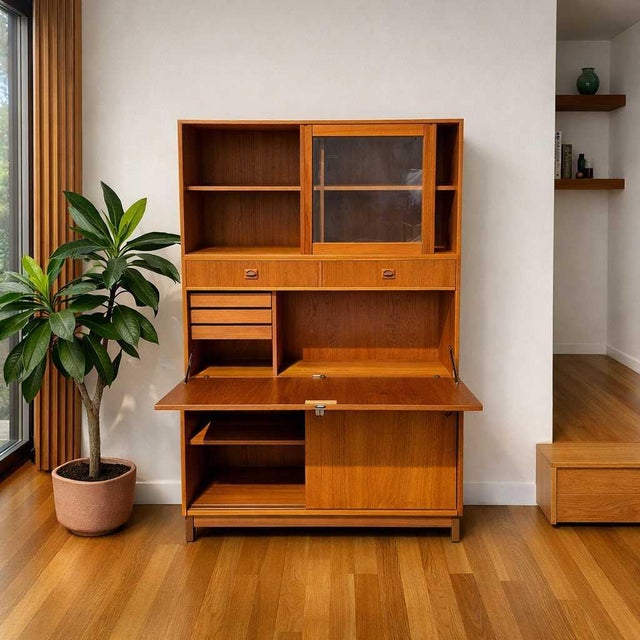 Mid-Century Modern Mid-Century Teak Bookcase With Drop-Front Desk and Lighting, Mid-Century Modern For Sale - Image 3 of 18