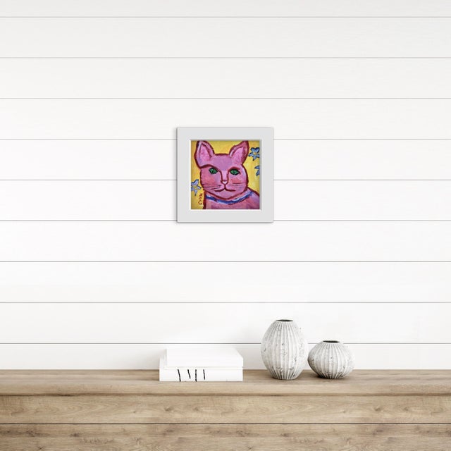 Contemporary Primitive Style Pink Cat Portrait, Small Painting For Sale - Image 3 of 7