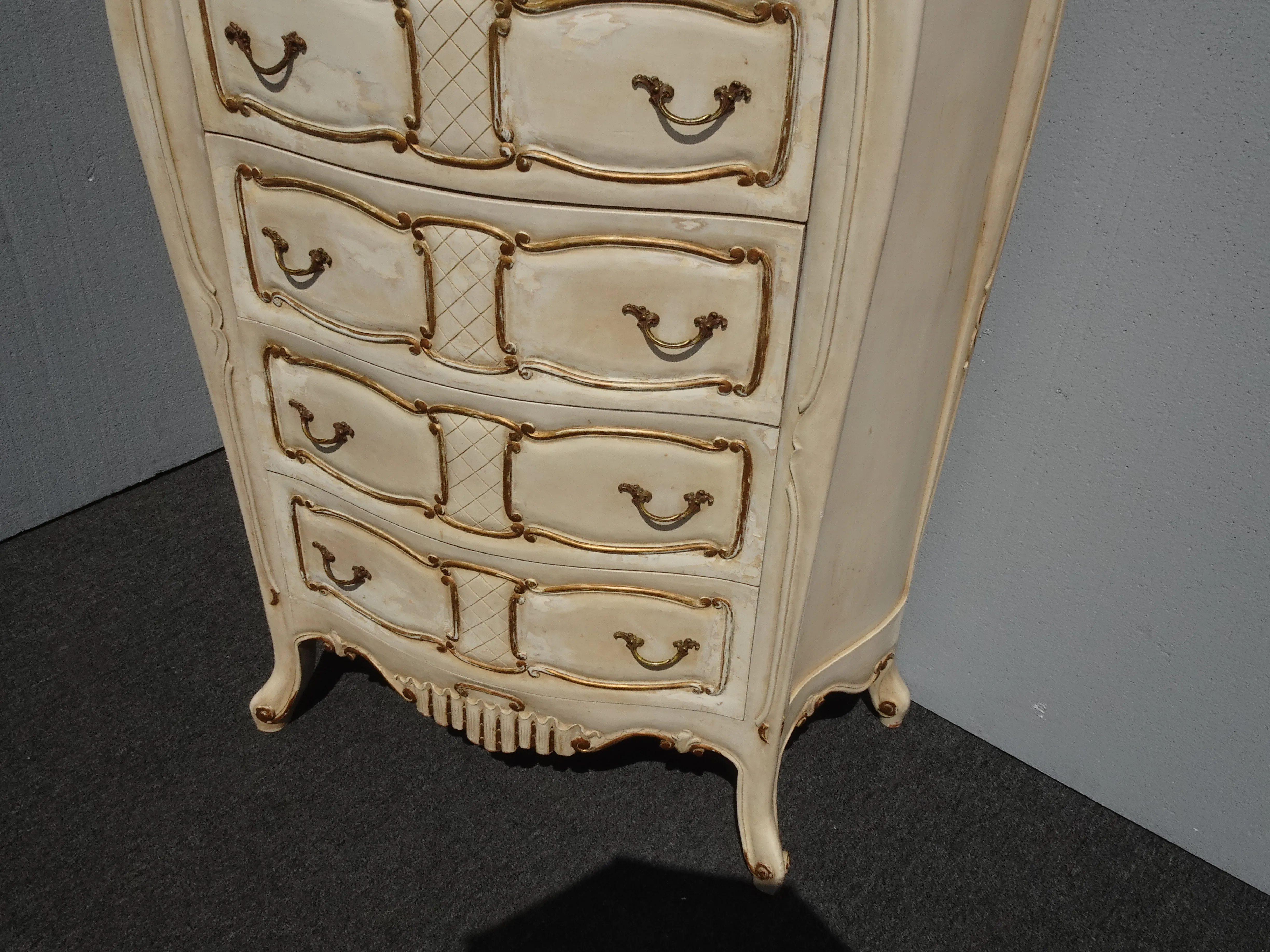 Vintage French Country Off White Tallboy Dresser With Gold Trim Chest of  Drawers | Chairish