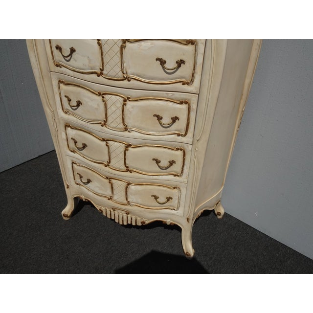 1970s Vintage Tallboy Dresser French Country Off White With Gold Trim Chest of Drawers For Sale - Image 5 of 13