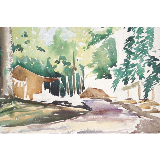 Mid century landscape watercolor of a campsite in the forest by Joseph Yeager (American, 20th Century). This piece is...