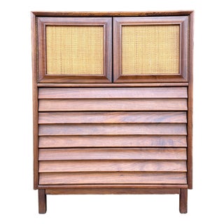 American of Martinsville Wonderwood Walnut & Cane Tall Chest Dresser For Sale