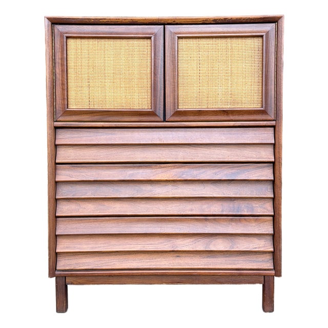 American of Martinsville Wonderwood Walnut & Cane Tall Chest Dresser For Sale