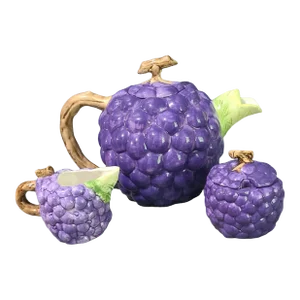 Late 20th Century Ceramic Majolica Painted Purple Grape Cluster Tea Pot & Sugar Creamer Set- 3 Pieces