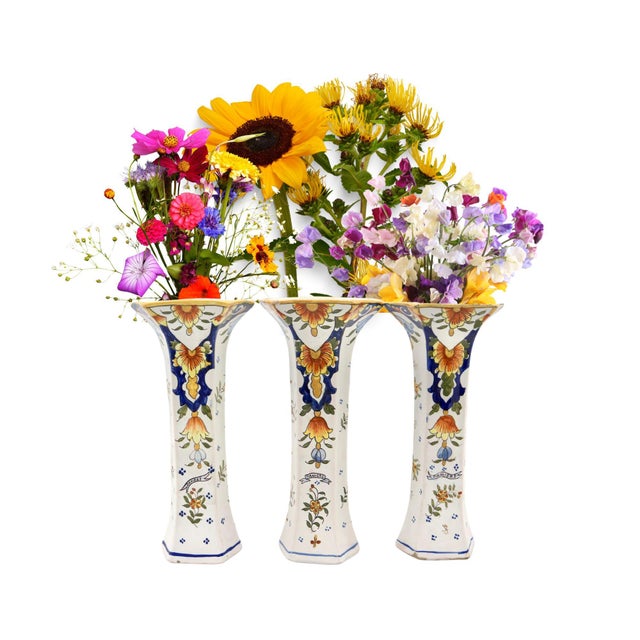 Set of three French hand-decorated faience vases. Factory mark on undersides. Desvres Fourmaintraux Freres Faience Pottery...