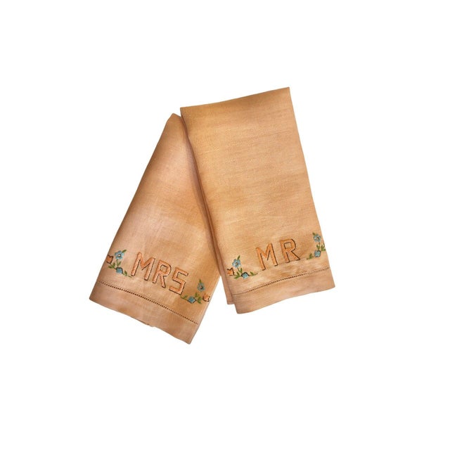 Vintage Mr & Mrs Embroidered Linen Towels Set Blush Apricot Monogram Floral Boudoir Hand Towels For Sale - Image 12 of 12