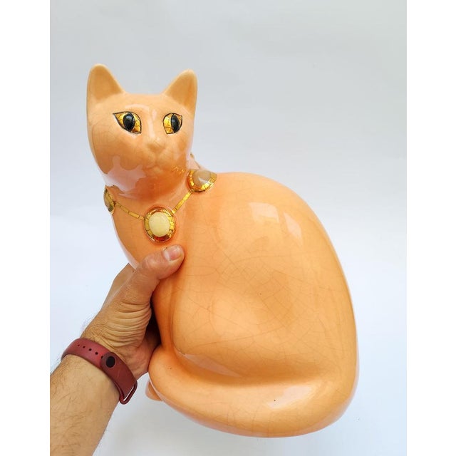 Salmon Pink Ceramic Cat with Cabochon Necklace from Longwy, 1950s For Sale - Image 4 of 11