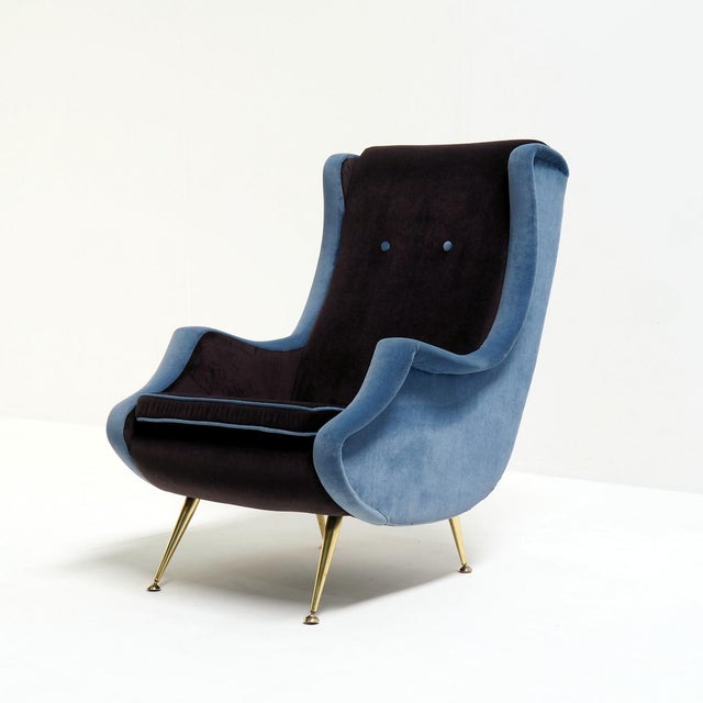 Textile High-Back Lounge Chair in Blue and Mauve Velvet, 1950s For Sale - Image 7 of 11