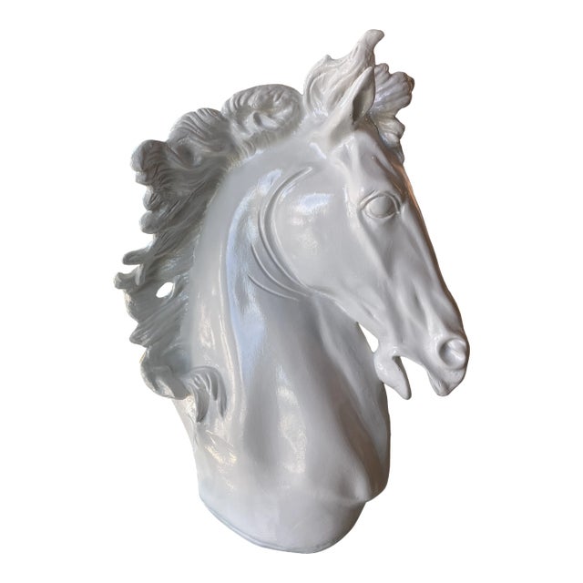 Vintage Plaster White Lacquered Modern Large Horse Head Statue For Sale