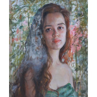 Here and Now by Linda Tracey Brandon | Oil Painting of a young woman with long hair in a natural setting For Sale