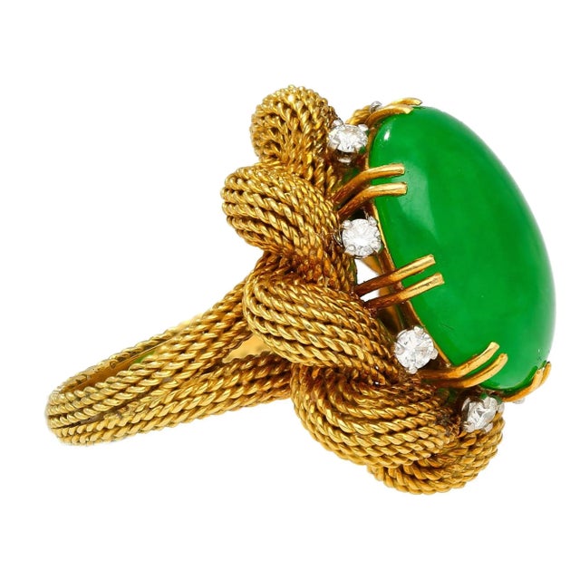 1950s 1950s Vintage 13.32 Carat Type a Jadeite Jade Gold Wire Floral Ring From France, Size 5.75 For Sale - Image 5 of 5