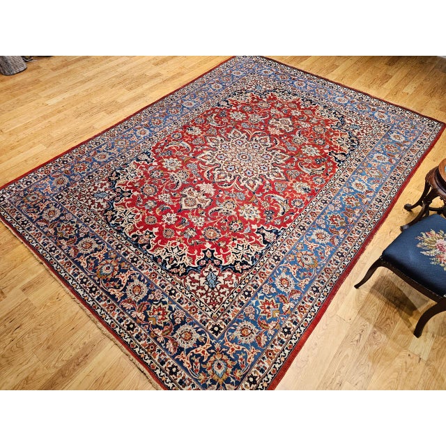 Vintage Persian Isfahan Rug, Hand-Knotted Wool, Floral Pattern, Red & Blue, 9x12 For Sale - Image 4 of 16
