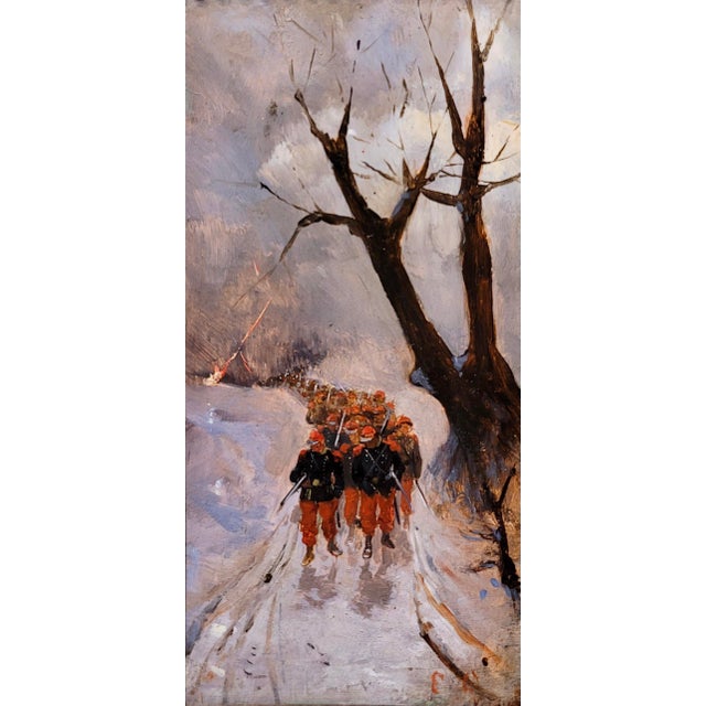 Napoleonic Soldiers Marching in a Winter Landscape -1870s Oil Painting For Sale - Image 4 of 8