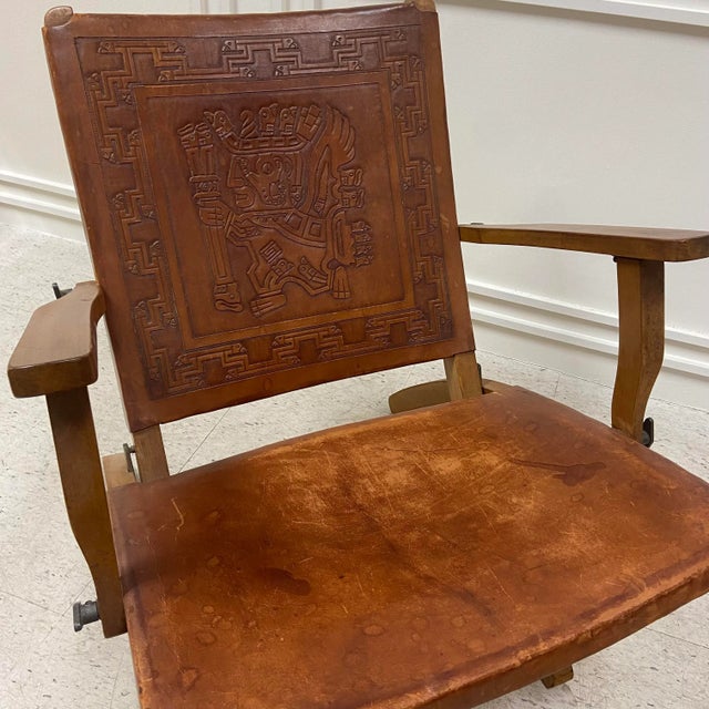 Brown Ecuadorian Mid-Century Stamped Leather Folding Arm Chair For Sale - Image 8 of 13