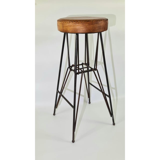 1960s Vintage Industrial Metal Stool with Leather Seat, 1960s For Sale - Image 5 of 8