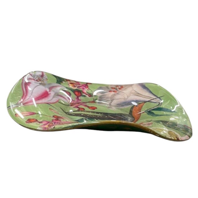 Coastal Vintage Tropical Botanical Decoupage Glass Shallow Bowl – Hummingbird & Orchids For Sale - Image 3 of 12