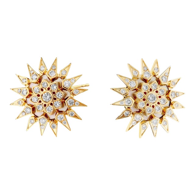 Syna Yellow Gold Starburst Mother of Pearl Earrings with Diamonds, a Pair For Sale